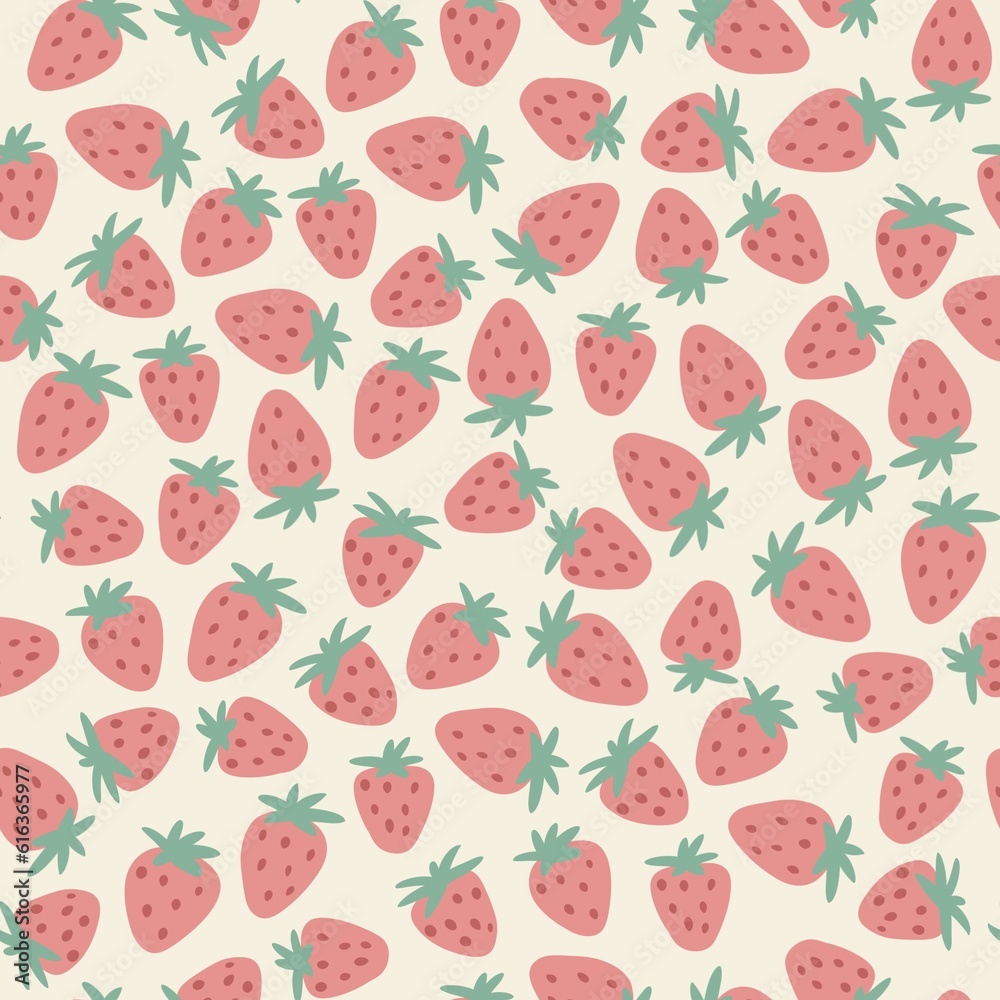 Hand drawn seamless pattern with red strawberry on beige retro vintage background Summer picnic food fruit berry print, fresh food strawberries green leaves, , faded neutral spring kitchen design..