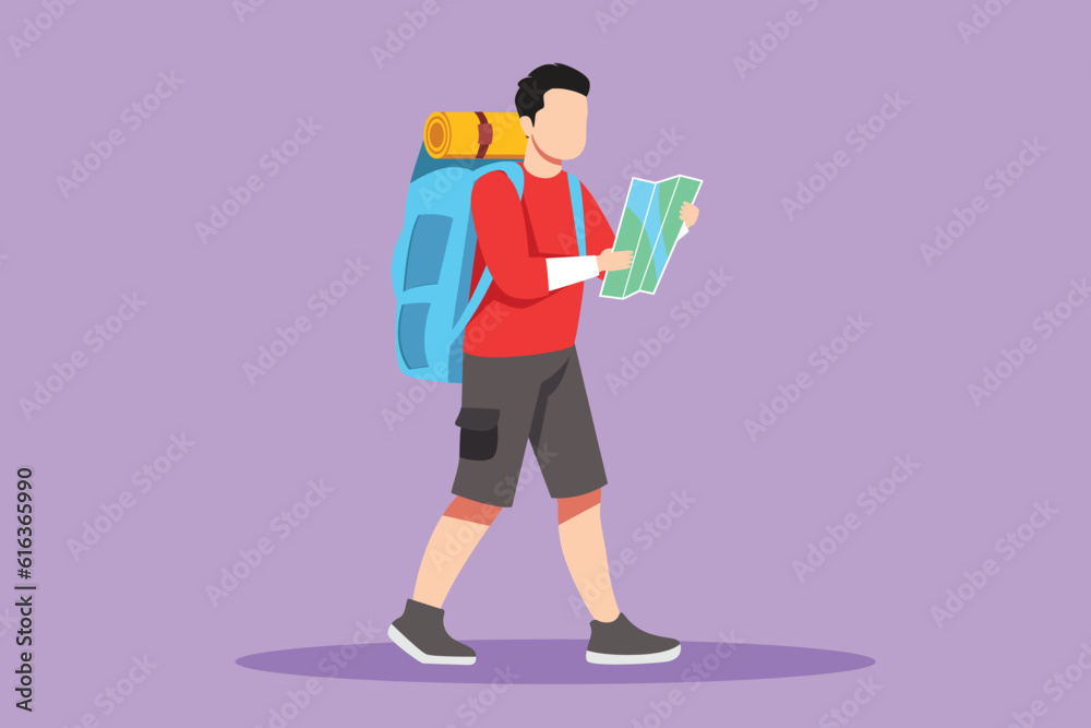 Character flat drawing young man traveler with backpack and map walks to mountain. Tourist top goal achievement route. Active male hiker outdoor and climbing peak. Cartoon design vector illustration Character flat drawing young man traveler with backpack and map walks to mountain. Tourist top goal achievement route. Active male hiker outdoor and climbing peak. Cartoon design vector illustration