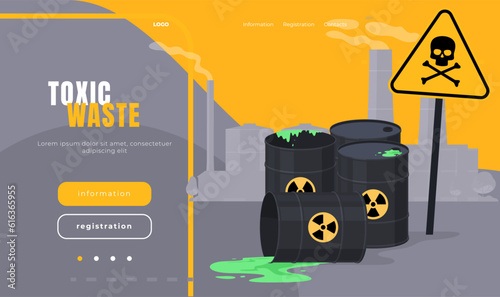 Loading page with radioactive waste in barrels. Industrial environmental pollution with toxic and chemical waste. Vector illustration