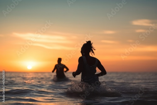 Rear view of african american couple running into the sea through waves on beach vacation. couple walking towards sea during sunset. summer vacation, love, together, retirement and nature concept