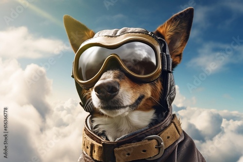 Aviator Pup Dog Pilot in Flight Jacket and Sunglasses with a View. AI