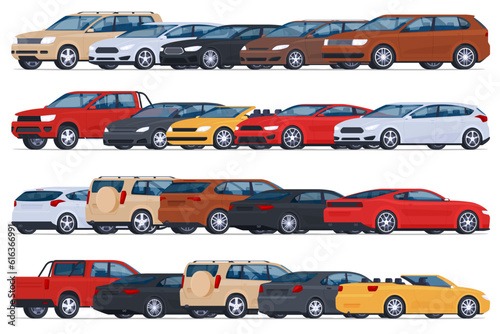 Various types of cars, city, SUV, sports, are parked in a row. Transport for convenient and safe movement on the streets between cities and trips. Vector illustration