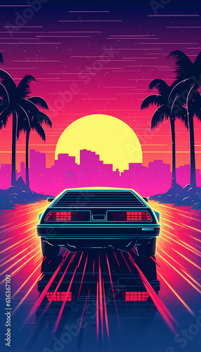 80s retro illustration car driving with sunset view. Synthwave 80s Vibes