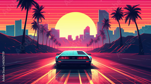 80s retro illustration car driving with sunset view. Synthwave 80s Vibes