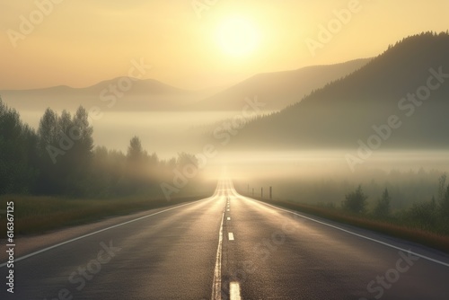 road in morning fog at sunrise. generative ai.
