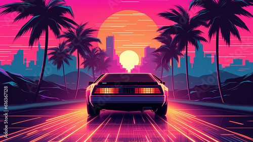 80s retro illustration car driving with sunset view. Synthwave 80s Vibes
