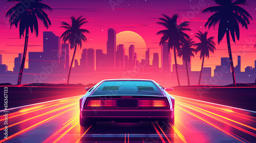 80s retro illustration car driving with sunset view. Synthwave 80s Vibes © Lee John