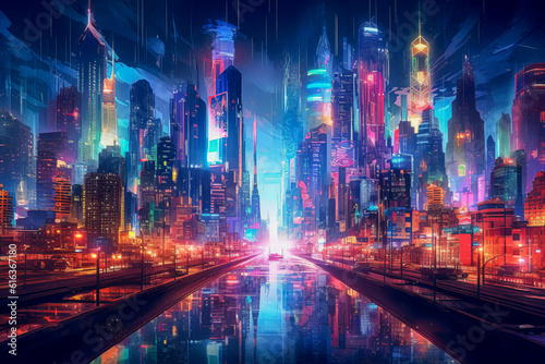 A futuristic cityscape with vibrant  glowing billboards illuminating the skyline  creating a mesmerizing display of lights and colors.