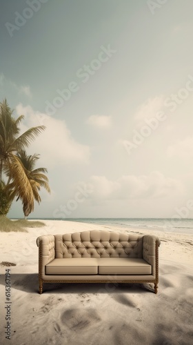 sofa on the beach near the ocean. the concept of rest. relaxation generative ai. © robertuzhbt89
