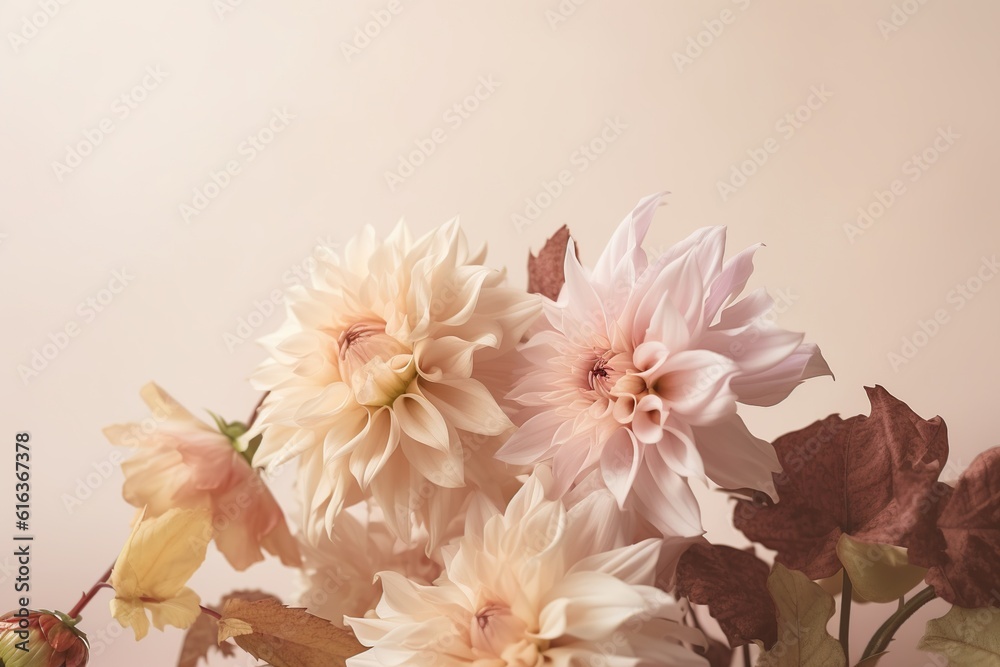 minimalist background of flowers in beige tones. generative ai.
