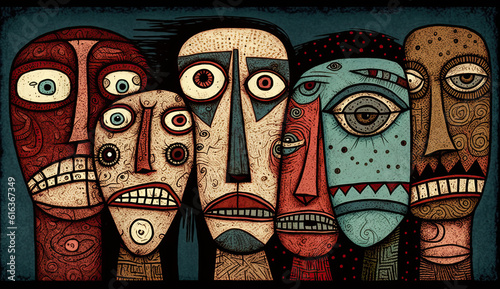 Generative AI illustration of art brut style image of groups of very stylized faces and people