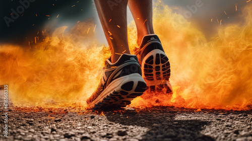 Close-Up of Feet in Running Sneaker Shoes on Fire