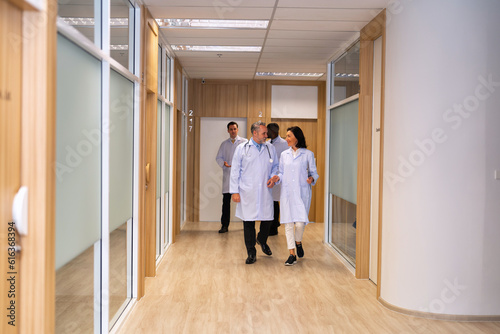 A mature team of doctors walking in the hospital corridor hallway happy discuss on patients health