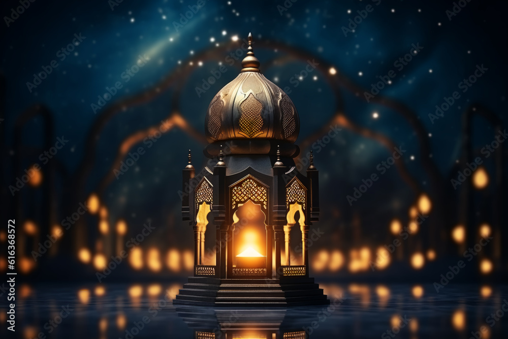  Lantern with night light background for the Muslim feast of the holy month of Ramadan Kareem