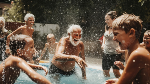 Seniors and children having fun in a pool (Generative AI)