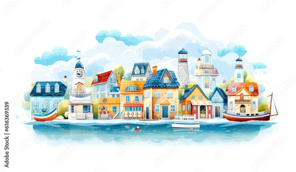 Maritime costal town as cute illustration with buildings (Generative AI)