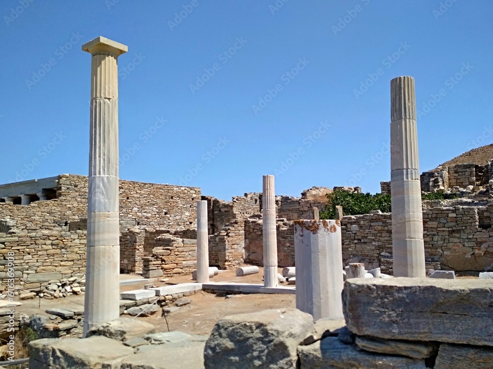 Historical Ruins in Delos Island near Mikonos, Greece.