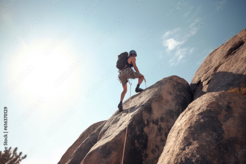 Rock climber climbing on a mountain with beautiful clouds on the background