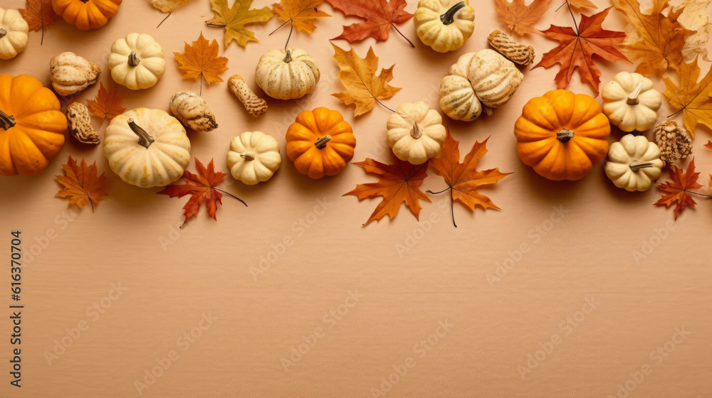 Creative autumn pattern with leaves and pumpkins on a beige background. Minimal Thanksgiving concept. Flat lay