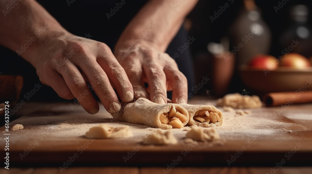 a baker rolling out dough and filling it with a delicious apple mixture to make apple turnovers,  AI-Generated