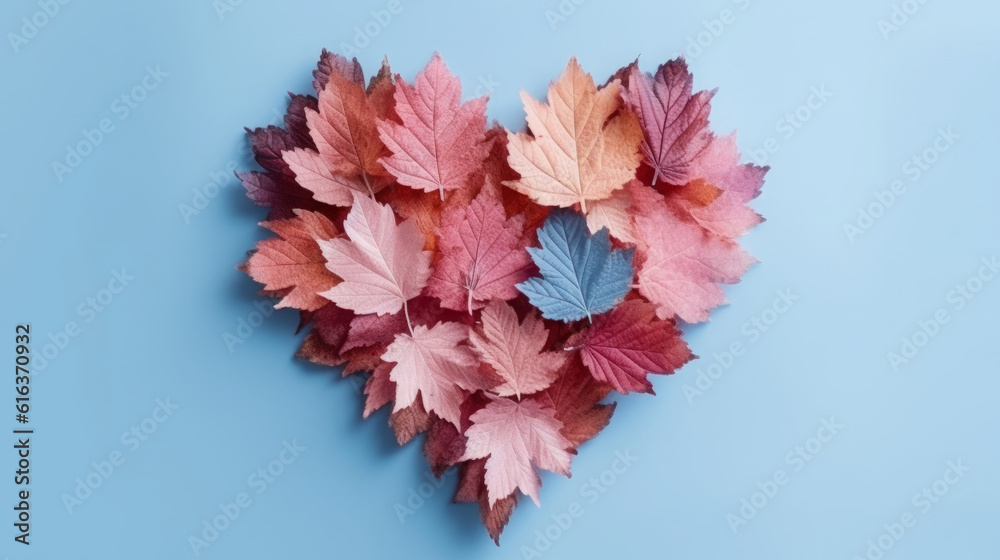 Naklejka premium Beautiful autumn leaves arranged in the shape of a heart against a light blue background. Minimal natural love concept. Flat lay
