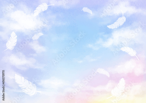カラフルで幻想的な空に羽根の背景 水彩イラスト