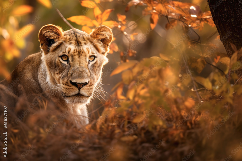 A lion is sitting hidden in the forest A lion is sitting hidden in the forest