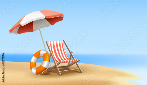 3d realistic vector illustration. Summer background. Sea side beach view with sunbed and parasol.