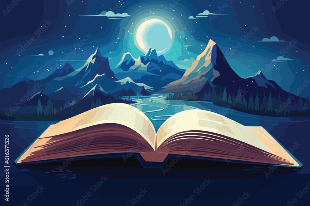 Naklejka premium Concept of an open magic book with christmas tree open pages space milky vector art illustartion.