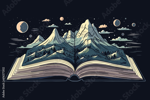 Concept of an open magic book with christmas tree open pages space milky vector art illustartion.