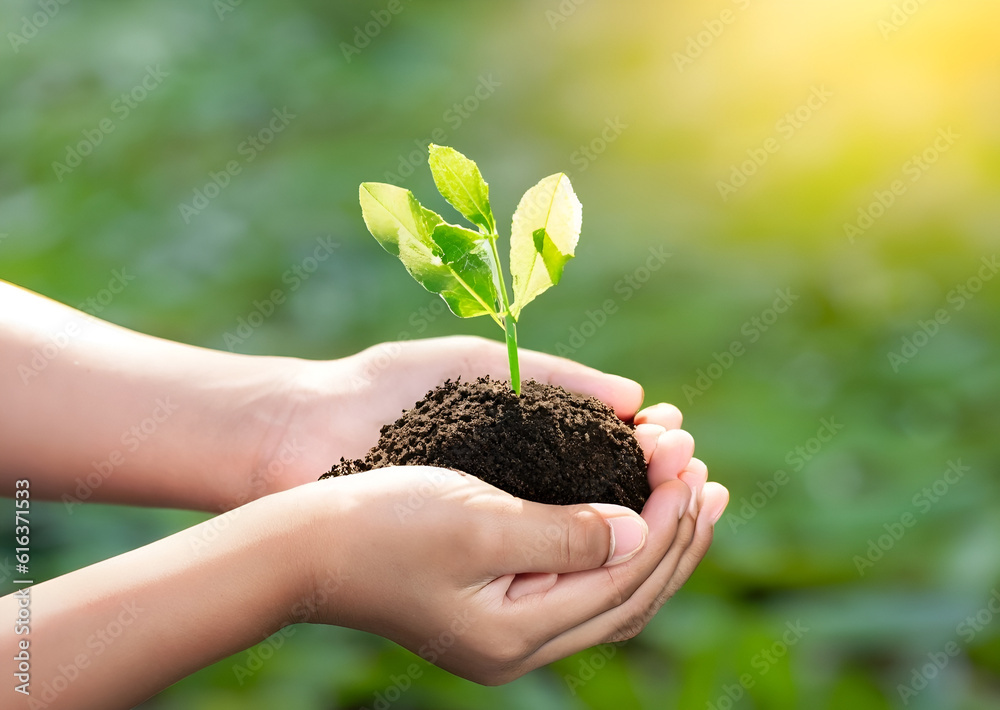 hand children holding young plant with sunlight on green nature background. concept eco earth day. AI Generative hand children holding young plant with sunlight on green nature background. concept eco earth day. AI Generative