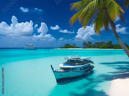 tropical beach in Maldives with few palm trees and blue lagoon © Logo Markers