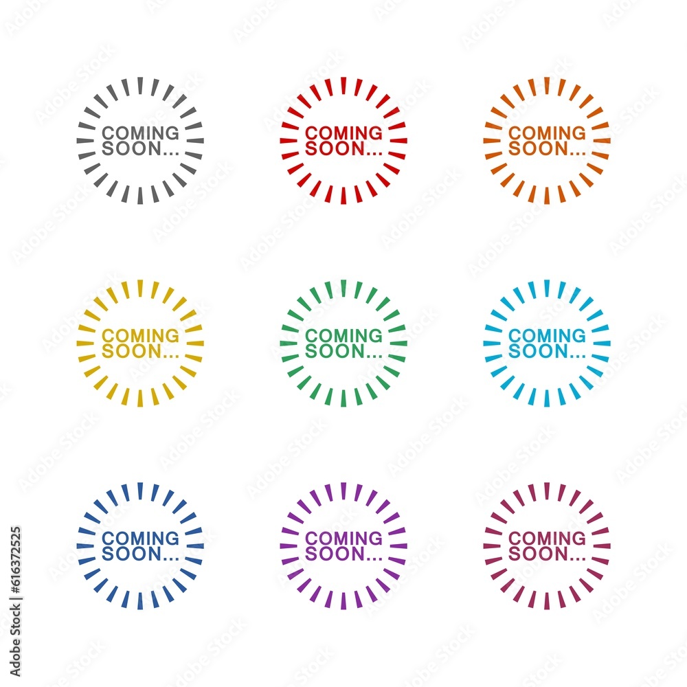 Coming soon icon isolated on white background. Set icons colorful Coming soon icon isolated on white background. Set icons colorful
