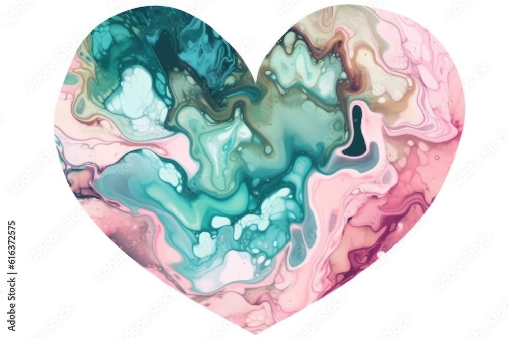 Heart shaped pink and mint alcohol ink abstract sticker . Generative ai Heart shaped pink and mint alcohol ink abstract sticker . Generative ai