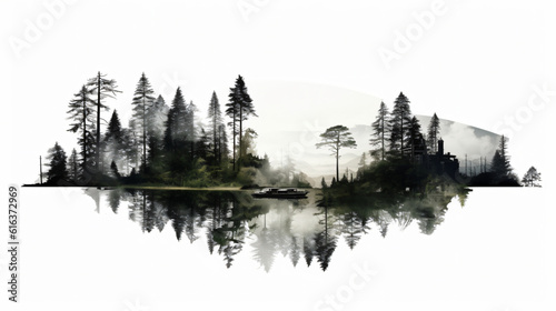 films and series is a beautiful business in double exposure with a lake and fir forest