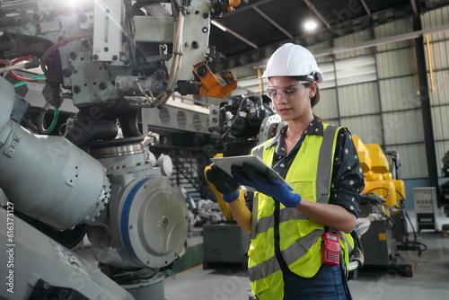 Woman working intently on a complicated industry 4.0 robot plant in technology factory.