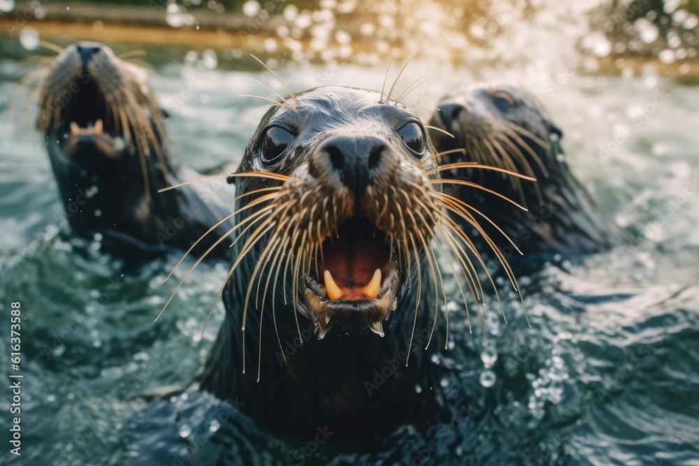 Fototapeta premium Playful Seals Energetic Aquatic Mammals