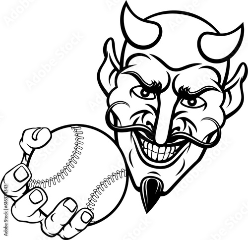 A devil or satan baseball sports mascot cartoon character holding a ball