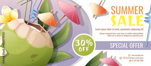 Discount flyer template with coconut cocktail, umbrellas and frangipani flowers. Coupon for summer discounts.