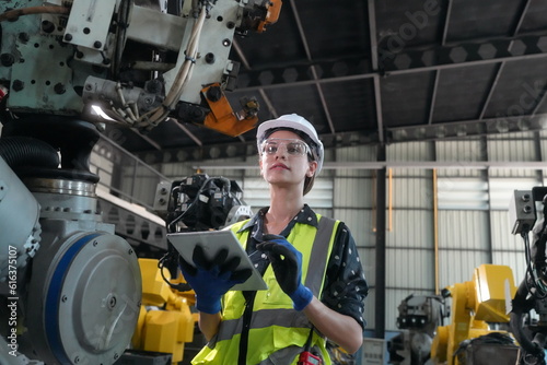 Portrait of Female Automotive Industry 4.0 Engineer in Safety Uniform Using Laptop at Car Factory Facility. Assembly Plant. engineer working at automated AI robotic production factory..