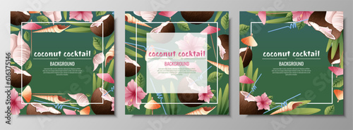 Set of postcard templates with coconut cocktails, umbrellas, hibiscus flowers, shells.Background with beach drinks for parties, holidays, advertising. Summer banner with coconut tropical fruit
