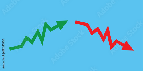 Graph going Up and Down sign with green and red arrows vector. Flat design vector illustration concept of sales bar chart symbol icon with arrow moving down and sales bar chart with arrow moving up.	
