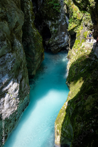 Bottom of crystal clear Soca river, one of the most beautiful european rivers, deep in the rocky canyon of slovenian Alps