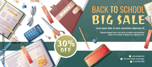 Back to school discount banner template. Learning, knowledge, education. Flyer, poster with textbooks, books, backpack, stationery.