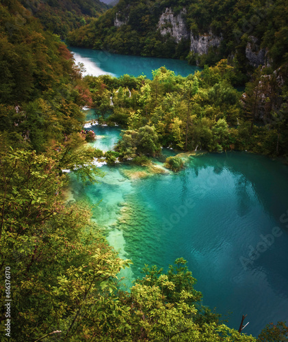 Aerial View of Plitvice Lakes National Park and its Emerald Waters - Croatia