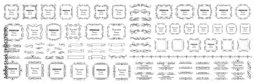 Calligraphic design elements . Decorative swirls or scrolls, vintage frames , flourishes, labels and dividers. Retro vector illustration.Big set