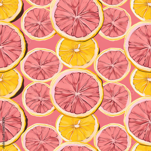 A vibrant seamless pattern featuring slices of pink grapefruit and yellow lemon citrus on a refreshing pink background.