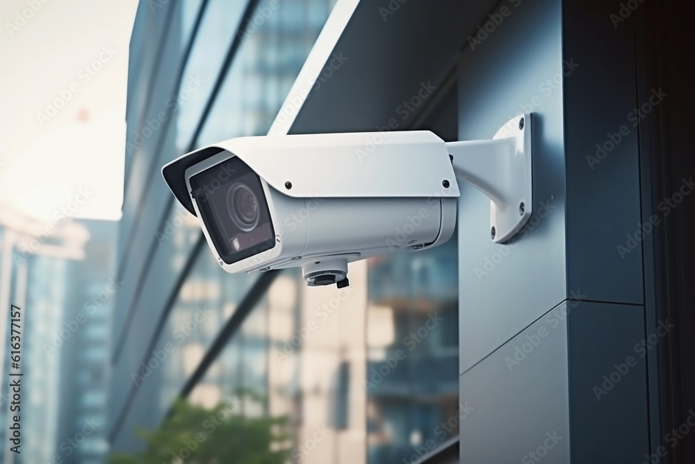 CCTV on the wall outside building. Generative AI CCTV on the wall outside building. Generative AI