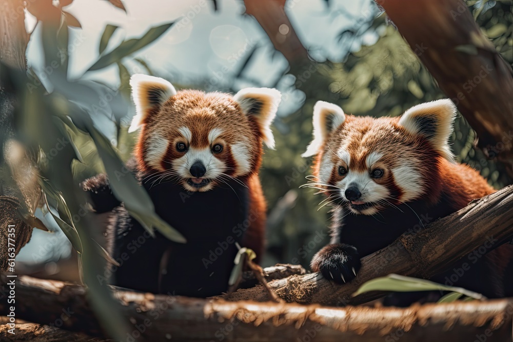 Fototapeta premium Playful Red Pandas Energetic Bamboo Eaters