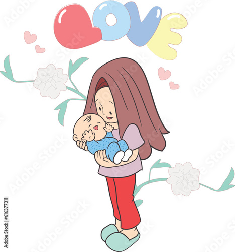 Mother holding her baby happily